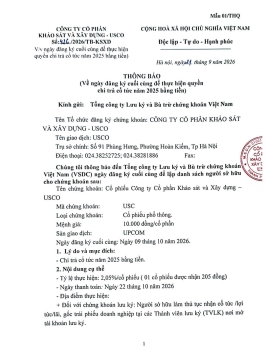 Thông báo về ngày đăng ký cuối cùng để thực hiện quyền chi trả cổ tức năm 2025 bằng tiền